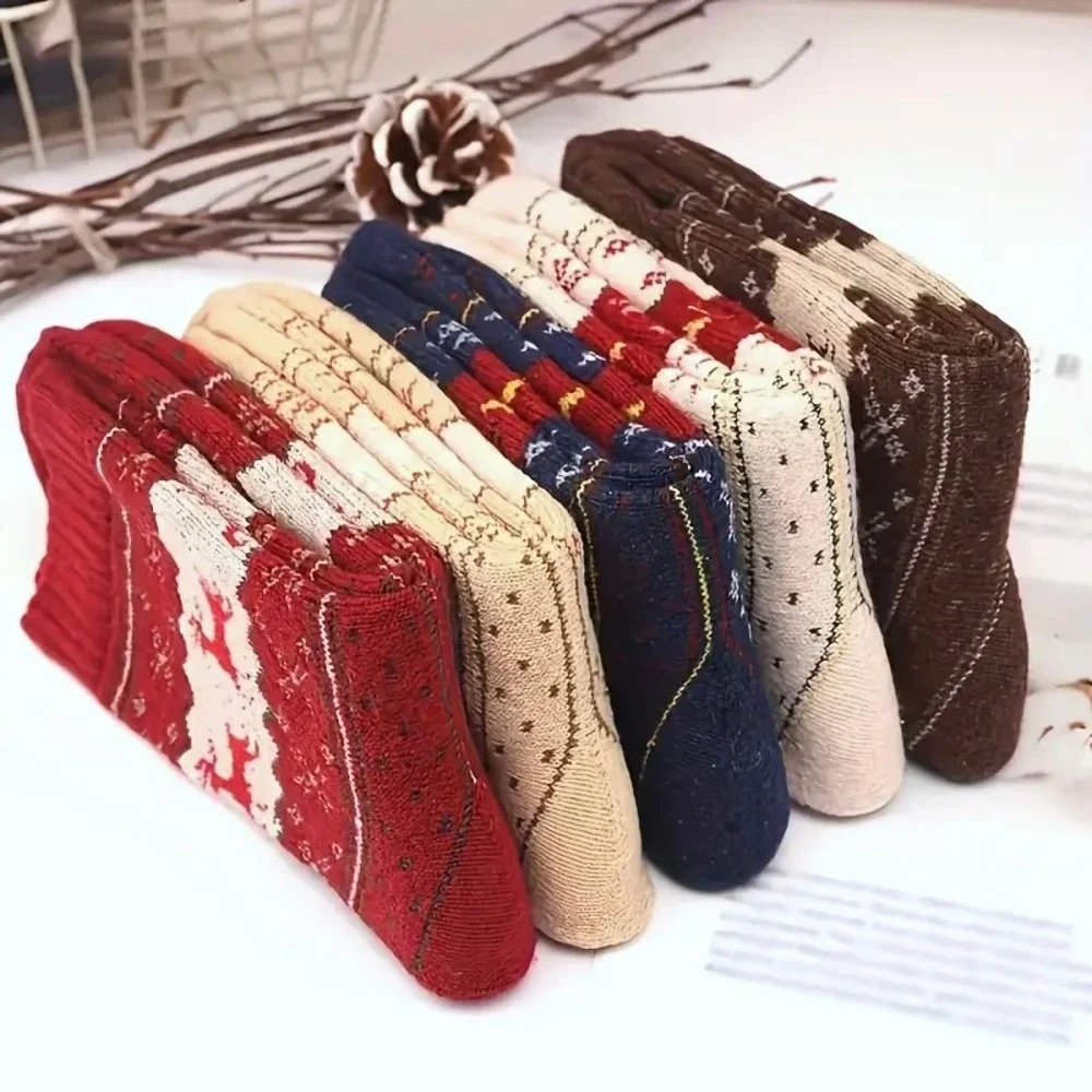 Winter Fashion Novelty Christmas Reindeer Retro Socks 5pc‎ Pack Warm Thick OS